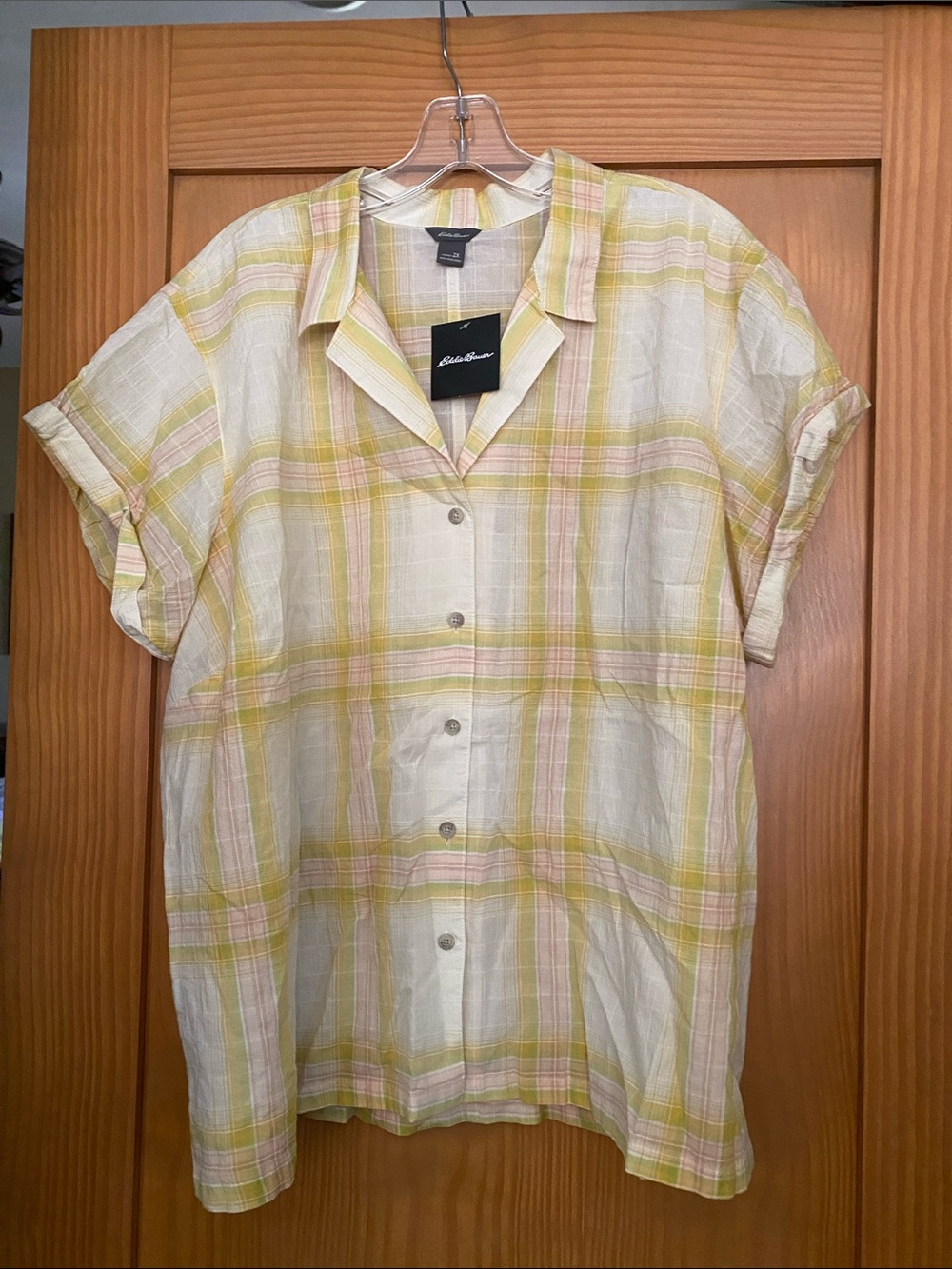 Eddie Bauer Women’s Plaid Yellow Pink Green  Packable S/S Camp Shirt NWT